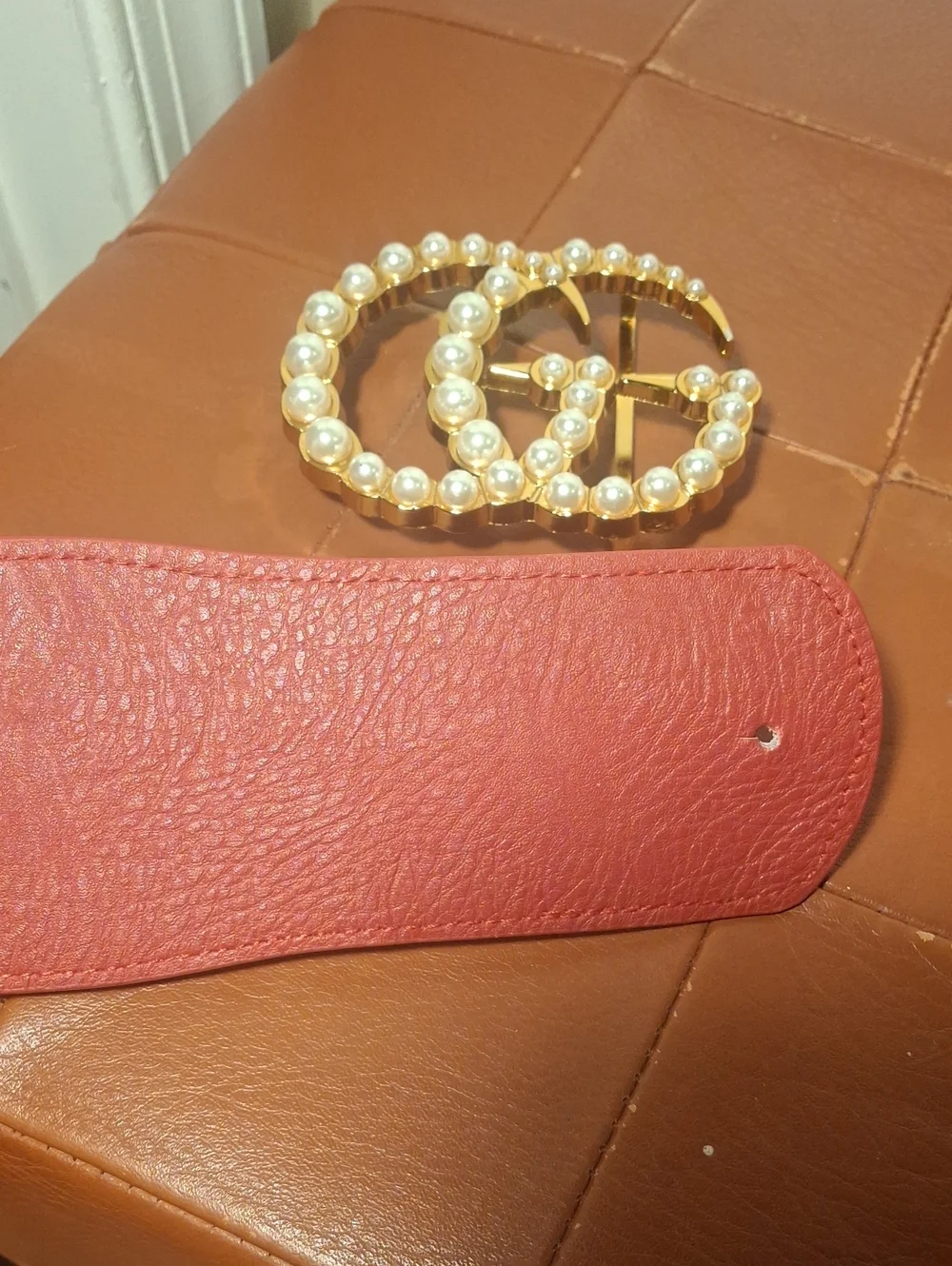 GG Pearl-Embellished Red Stretch Waist Belt